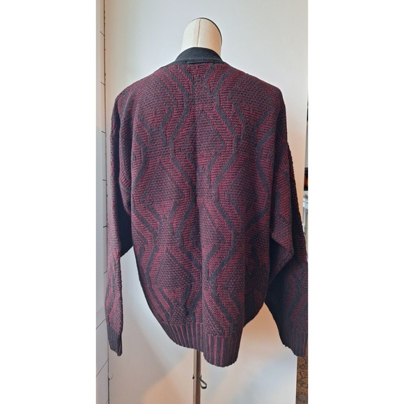 Men's Burgundy & Black Patterned Cardigan Sweater - Picture 3 of 12